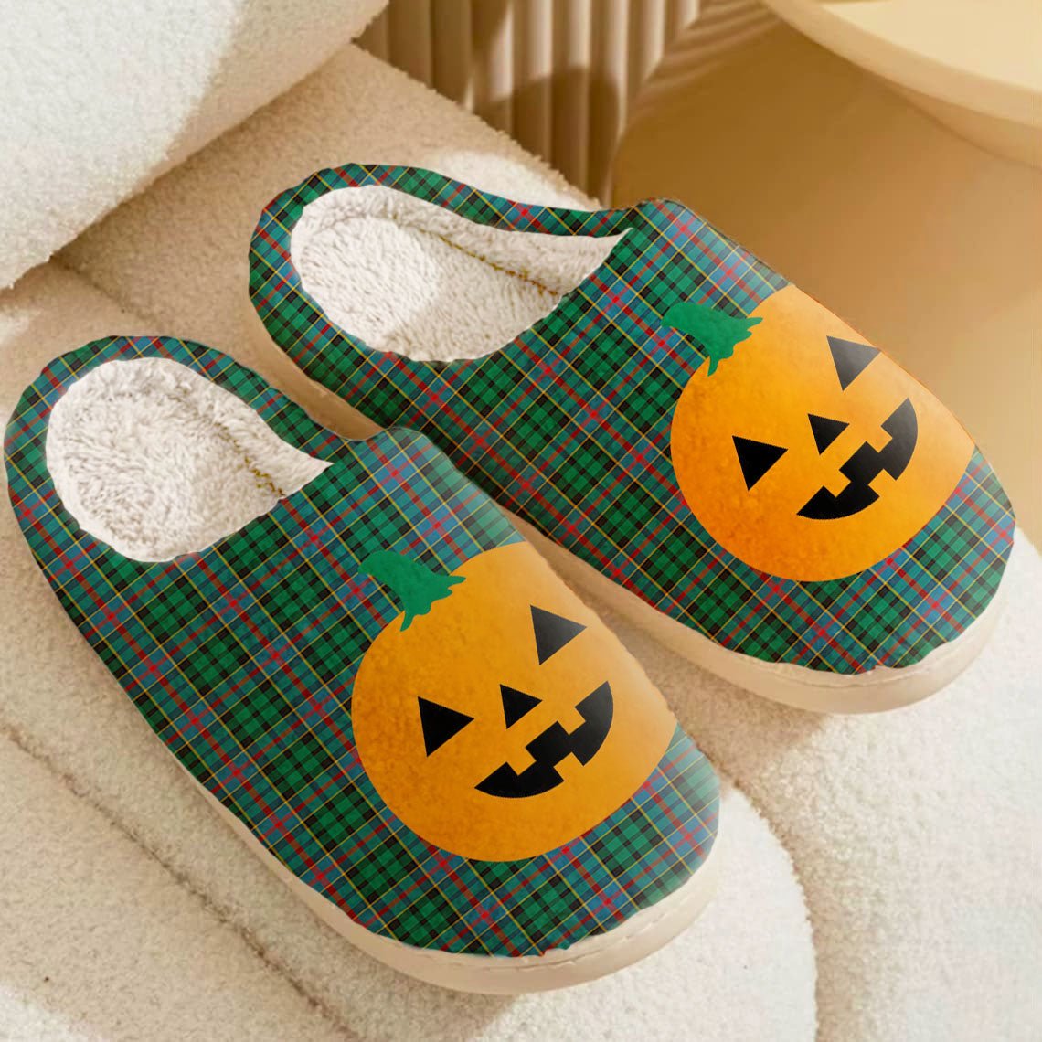 Clan Byres 1 Tartan Halloween Pumpkin Slippers, Fluffy Spooky Slippers TN48 Byres 1 Tartan Tartan Halloween   