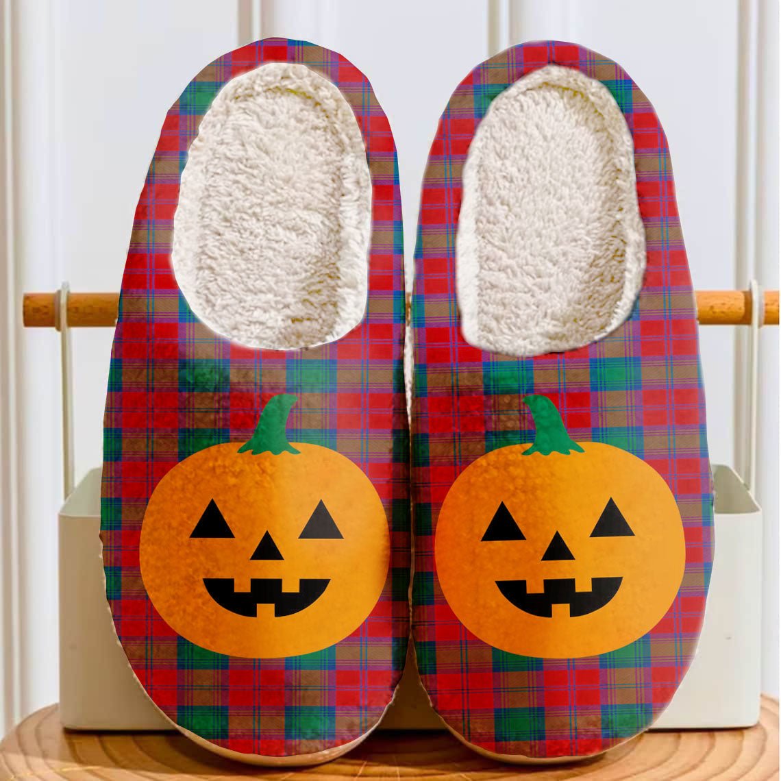 Clan Byres 2 Tartan Halloween Pumpkin Slippers, Fluffy Spooky Slippers XN85 Byres 2 Tartan Tartan Halloween   