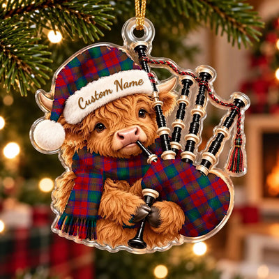 Clan Byres 2 Tartan Piper Highland Cow Ornament with Custom Name