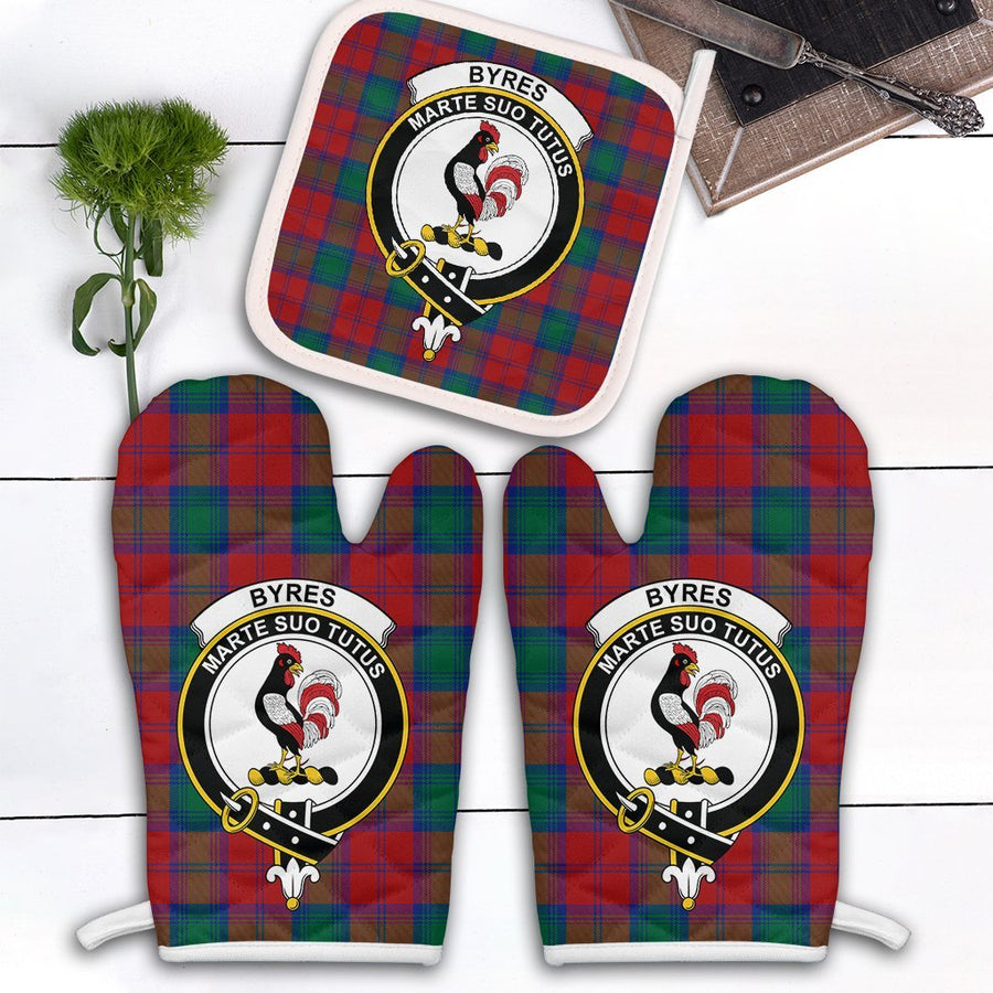 Clan Byres Tartan Crest Oven Mitt And Pot Holder (2 Oven Mitts + 1 Pot Holder)