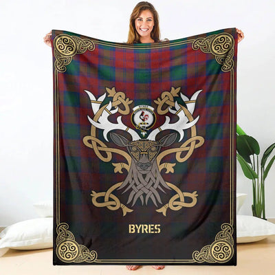 Clan Byres Tartan Crest Premium Blanket Celtic Stag Style