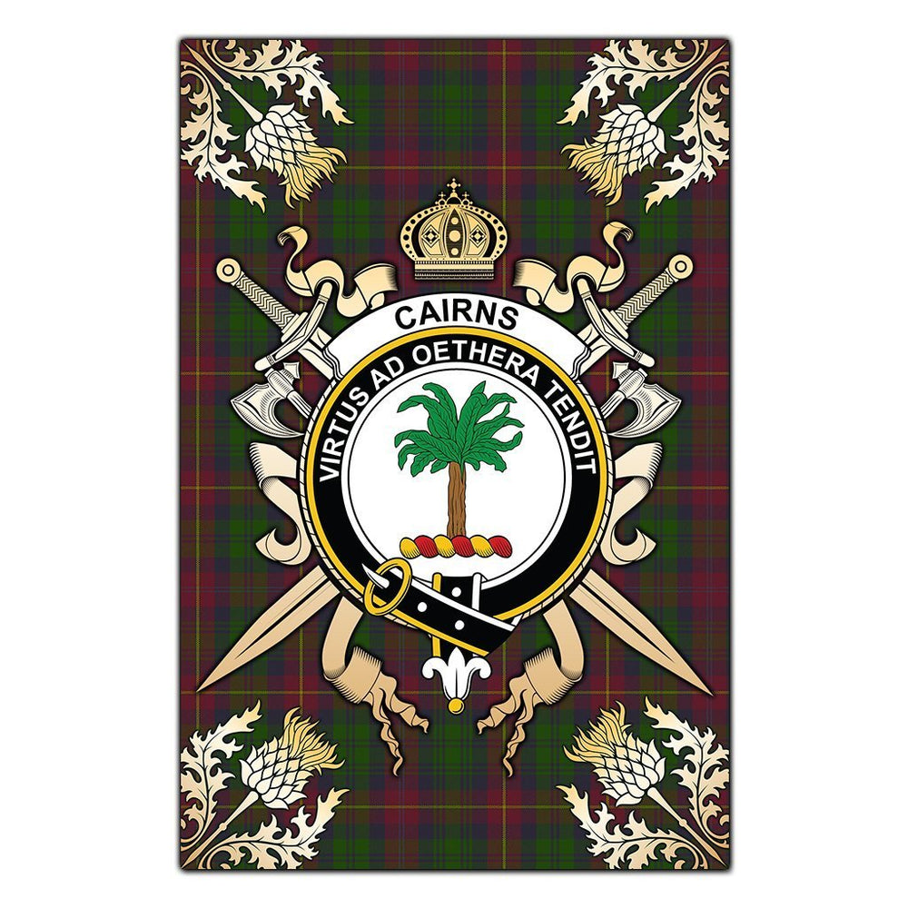 Clan Cairns Tartan Crest Black Garden Flag  - Gold Thistle  JE73 Clan Cairns Tartan Today   