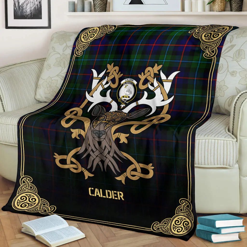 Clan Calder (Calder-Campbell) Tartan Crest Premium Blanket Celtic Stag Style WR44 Clan Calder Tartan Today   