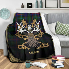 Clan Calder (Calder-Campbell) Tartan Crest Premium Blanket Celtic Stag Style WR44 Clan Calder Tartan Today   