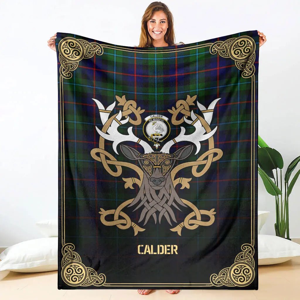 Clan Calder (Calder-Campbell) Tartan Crest Premium Blanket Celtic Stag Style WR44 Clan Calder Tartan Today   