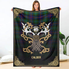 Clan Calder (Calder-Campbell) Tartan Crest Premium Blanket Celtic Stag Style WR44 Clan Calder Tartan Today   