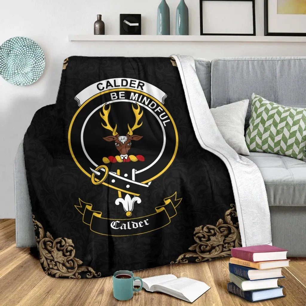 Clan Calder Crest Tartan Premium Blanket Black PE27 Clan Calder Tartan Today   