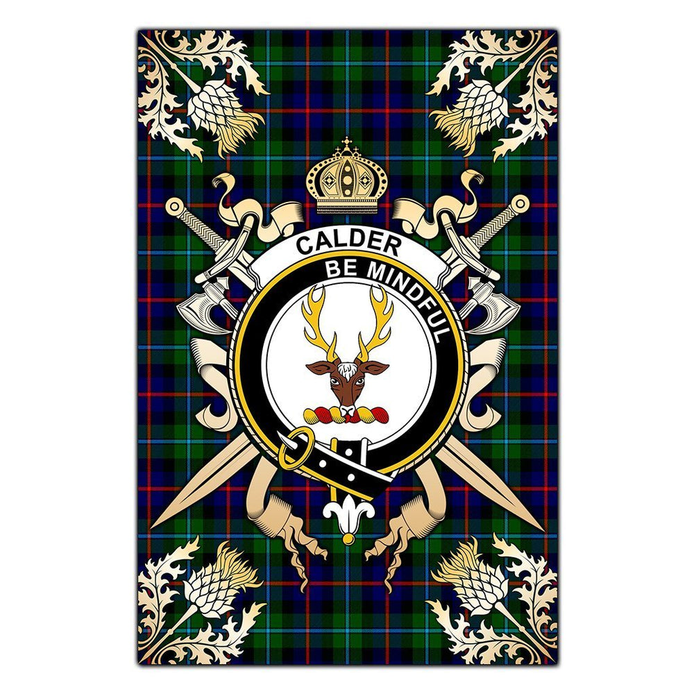 Clan Calder Modern Tartan Crest Black Garden Flag  - Gold Thistle  UA98 Clan Calder Tartan Today   