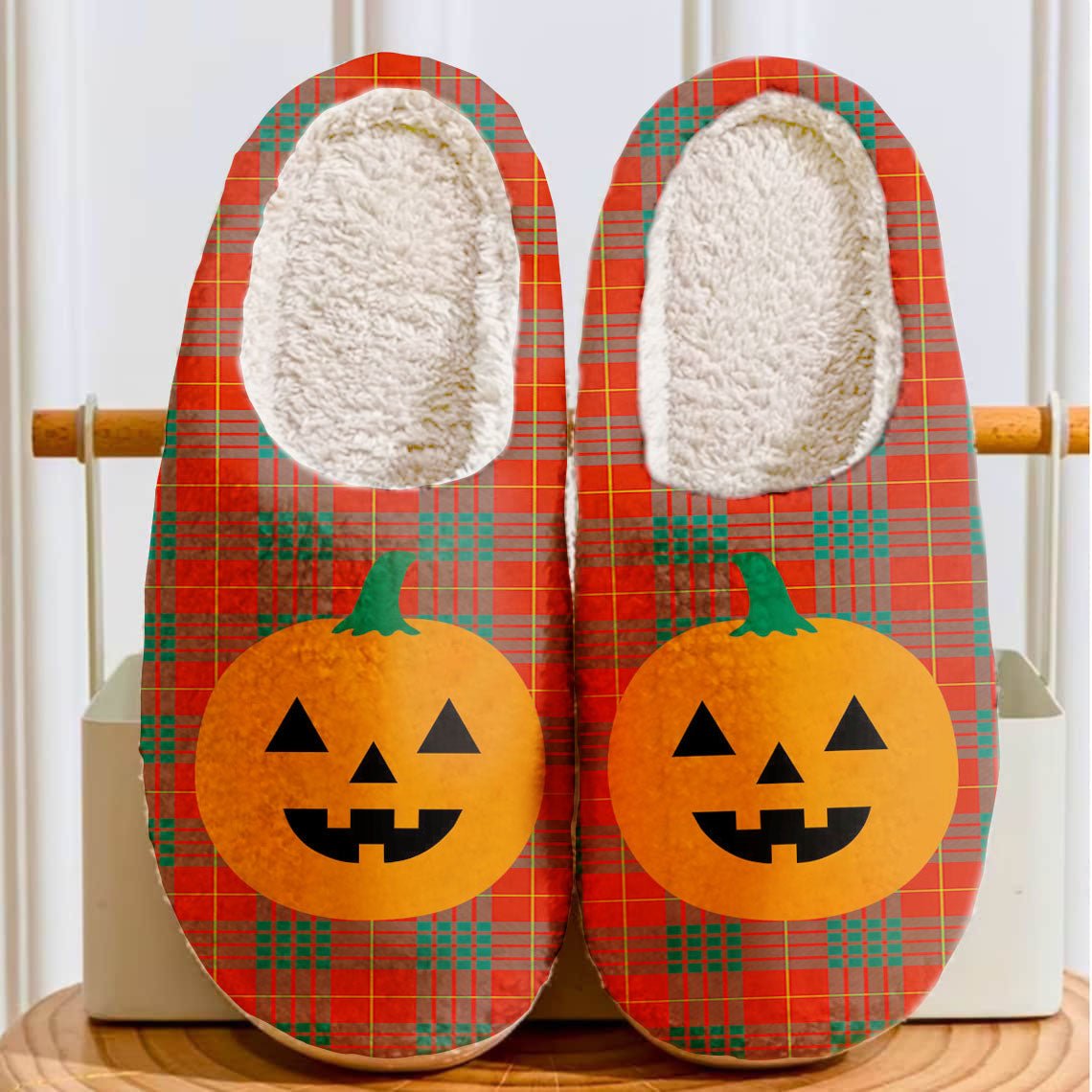 Clan Cameron Ancient Tartan Halloween Pumpkin Slippers, Fluffy Spooky Slippers KJ32 Cameron Ancient Tartan Tartan Halloween   