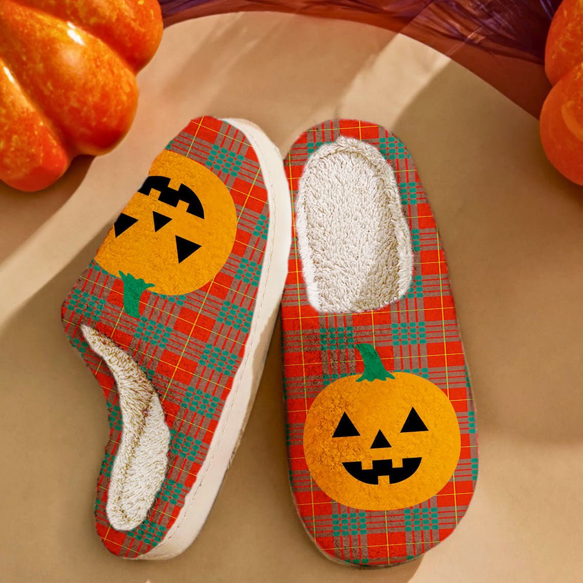 Clan Cameron Ancient Tartan Halloween Pumpkin Slippers, Fluffy Spooky Slippers KJ32 Cameron Ancient Tartan Tartan Halloween   