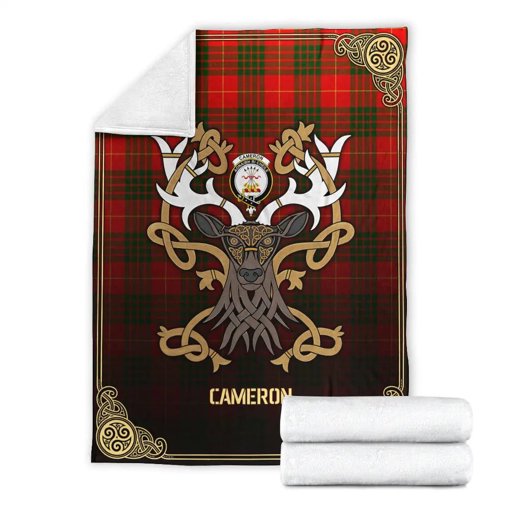 Clan Cameron Modern Tartan Crest Premium Blanket Celtic Stag Style BC24 Clan Cameron Tartan Today   