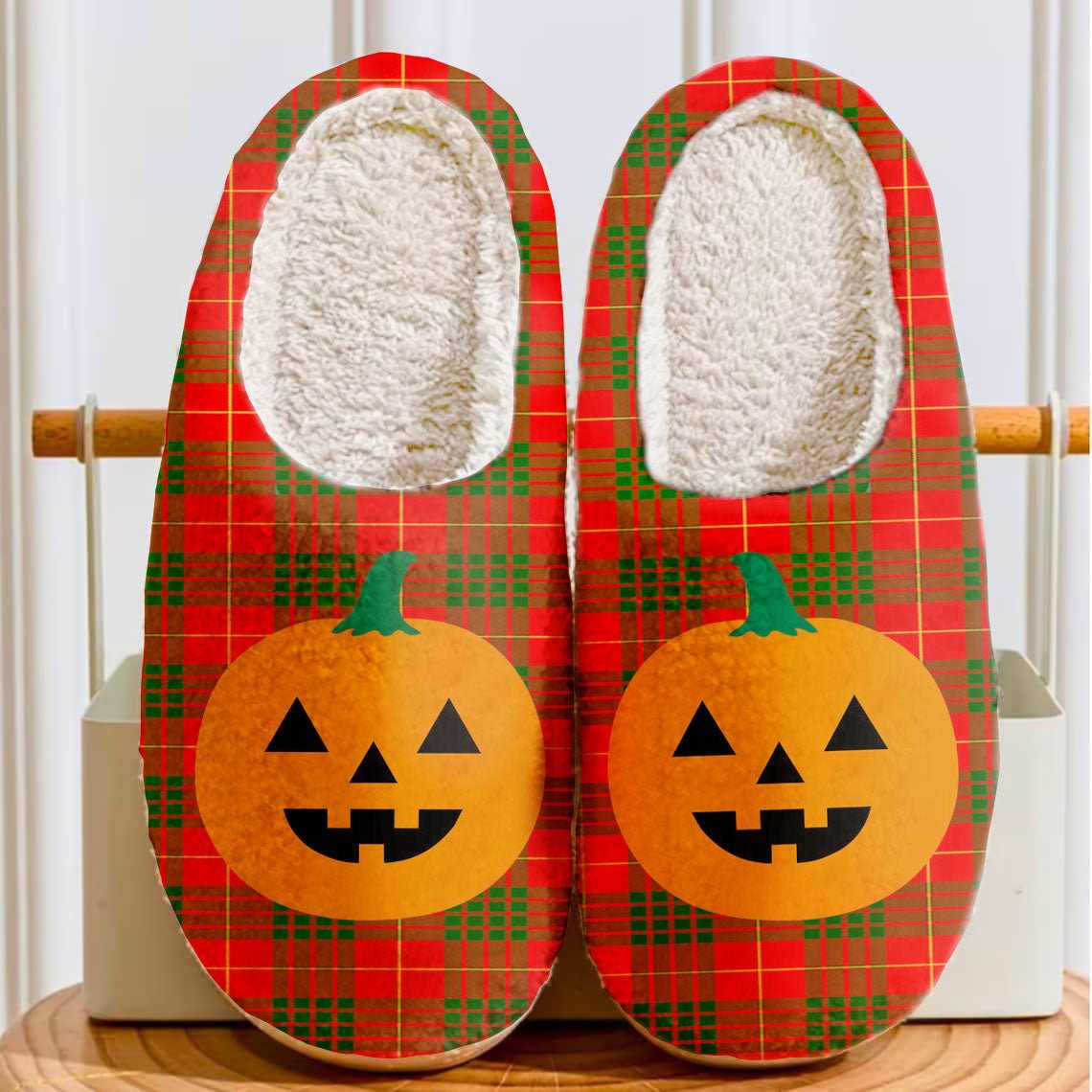 Clan Cameron Modern Tartan Halloween Pumpkin Slippers, Fluffy Spooky Slippers ZW40 Cameron Modern Tartan Tartan Halloween   