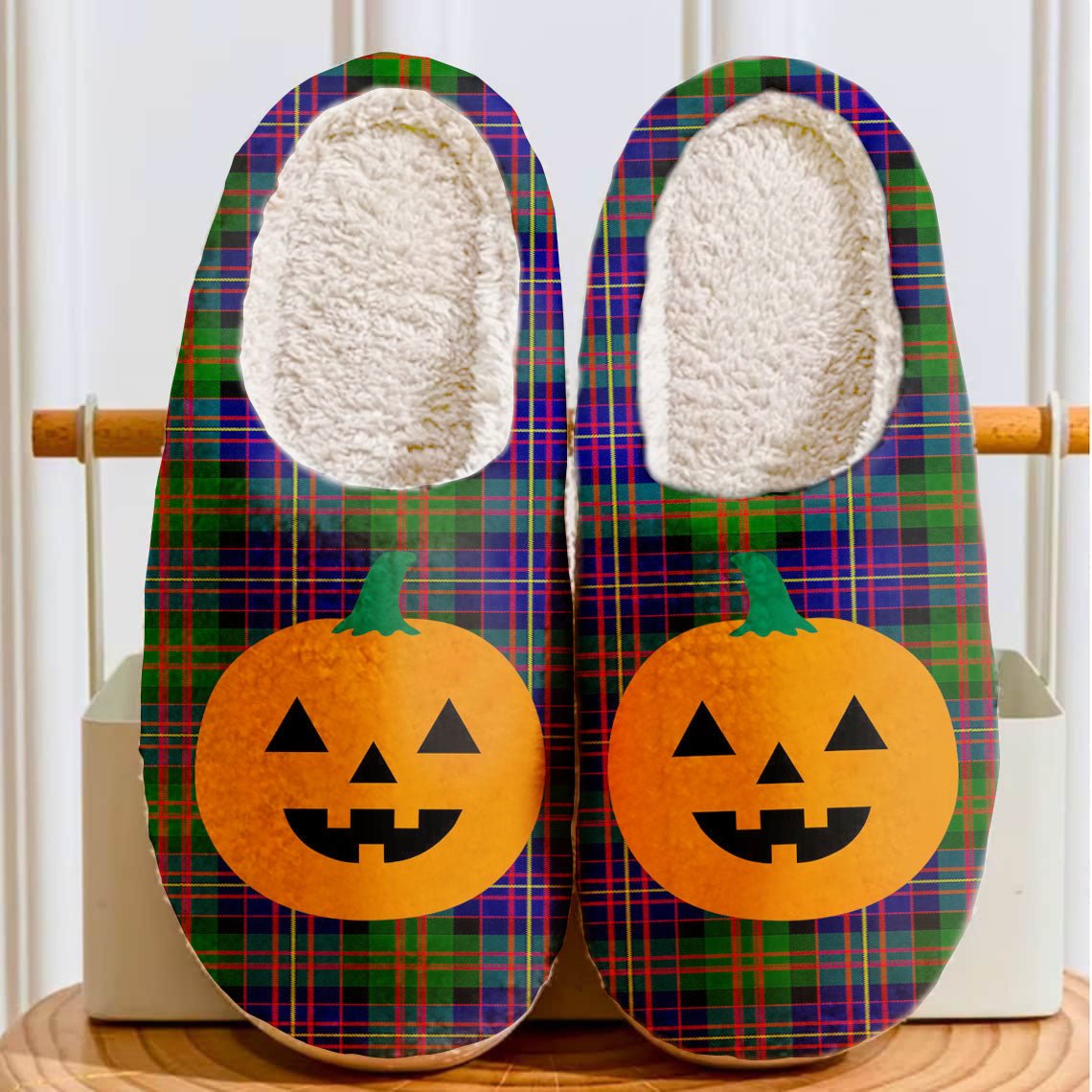 Clan Cameron of Erracht Modern Tartan Halloween Pumpkin Slippers, Fluffy Spooky Slippers WU73 Cameron of Erracht Modern Tartan Tartan Halloween   