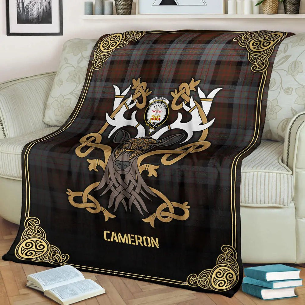 Clan Cameron of Erracht Weathered Tartan Crest Premium Blanket Celtic Stag Style NN67 Clan Cameron Tartan Today   