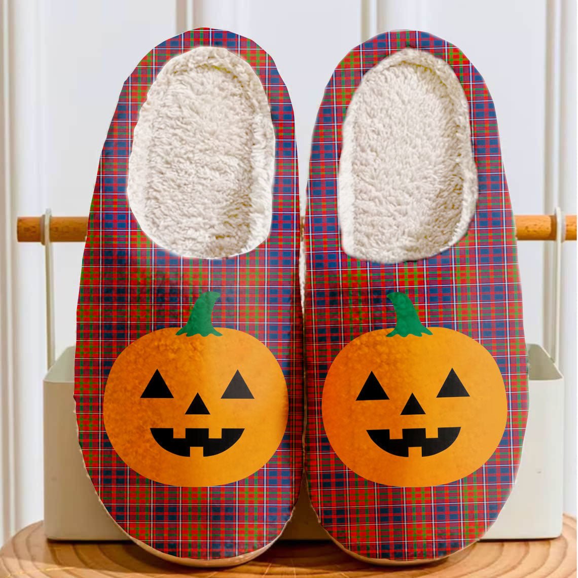 Clan Cameron of Lochiel Tartan Halloween Pumpkin Slippers, Fluffy Spooky Slippers AE55 Cameron of Lochiel Tartan Tartan Halloween   