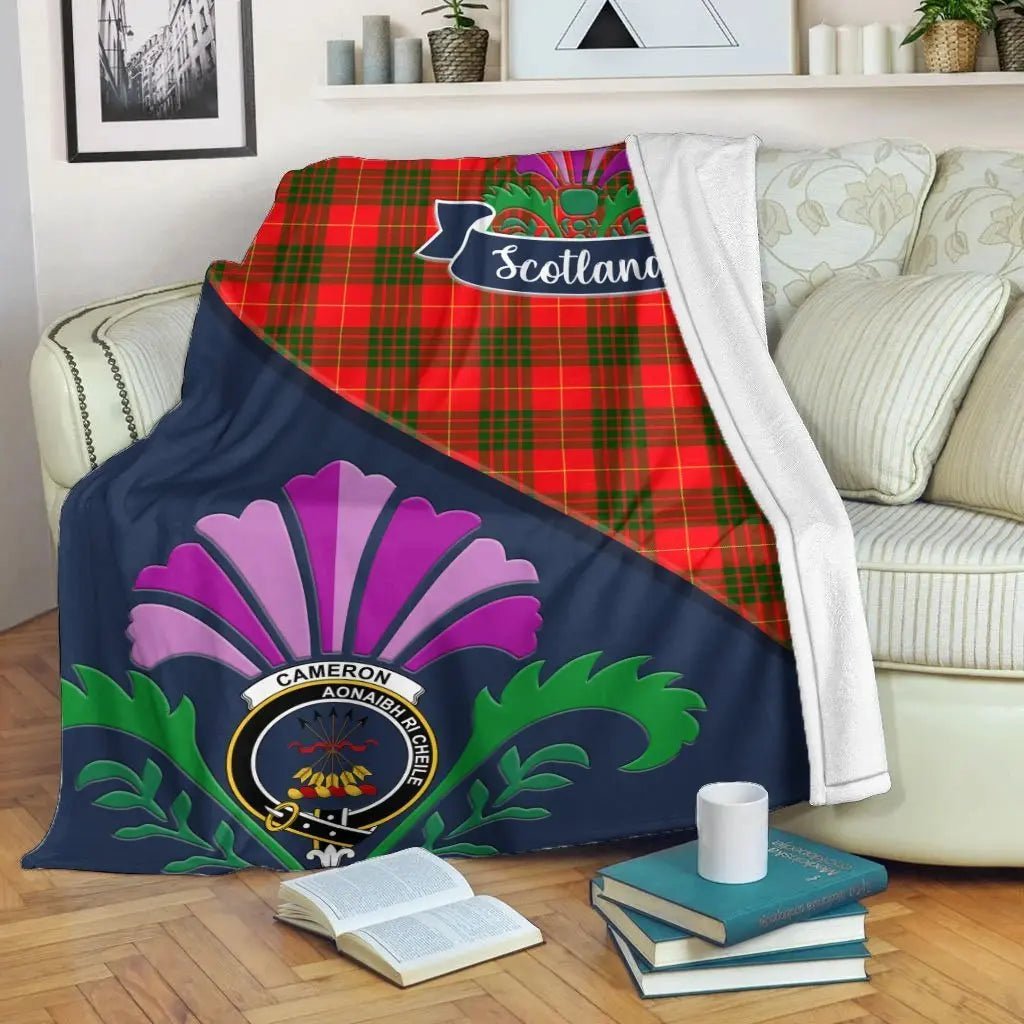 Clan Cameron Tartan Crest Premium Blanket Thistle Style HF79 Clan Cameron Tartan Today   