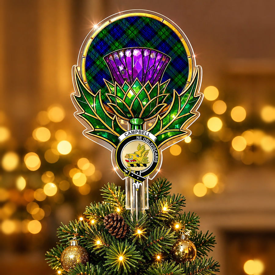 Clan Campbell crest in the centre of a stained-glass style thistle Christmas tree topper with the Campbell Modern tartan behind the thistle