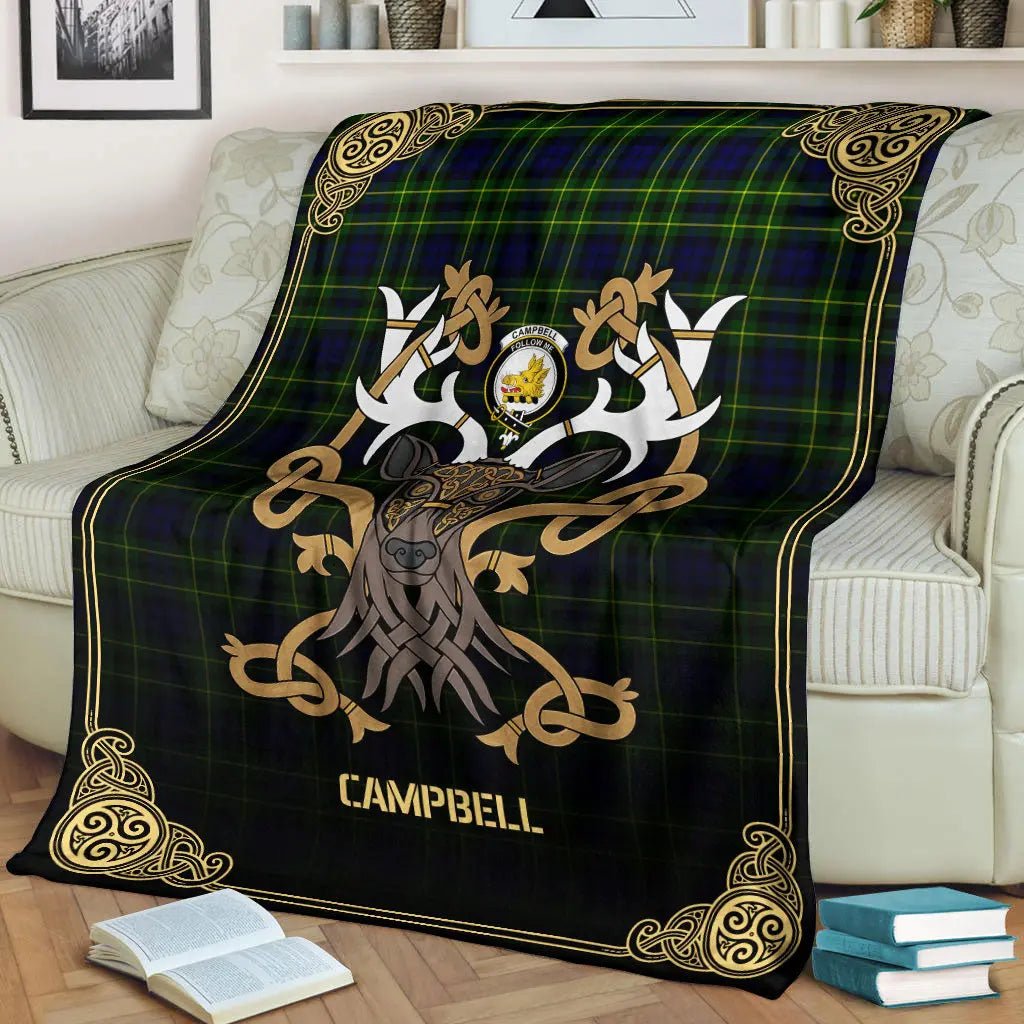 Clan Campbell of Breadalbane Modern Tartan Crest Premium Blanket Celtic Stag Style FY49 Clan Campbell of Breadalbane Tartan Today   