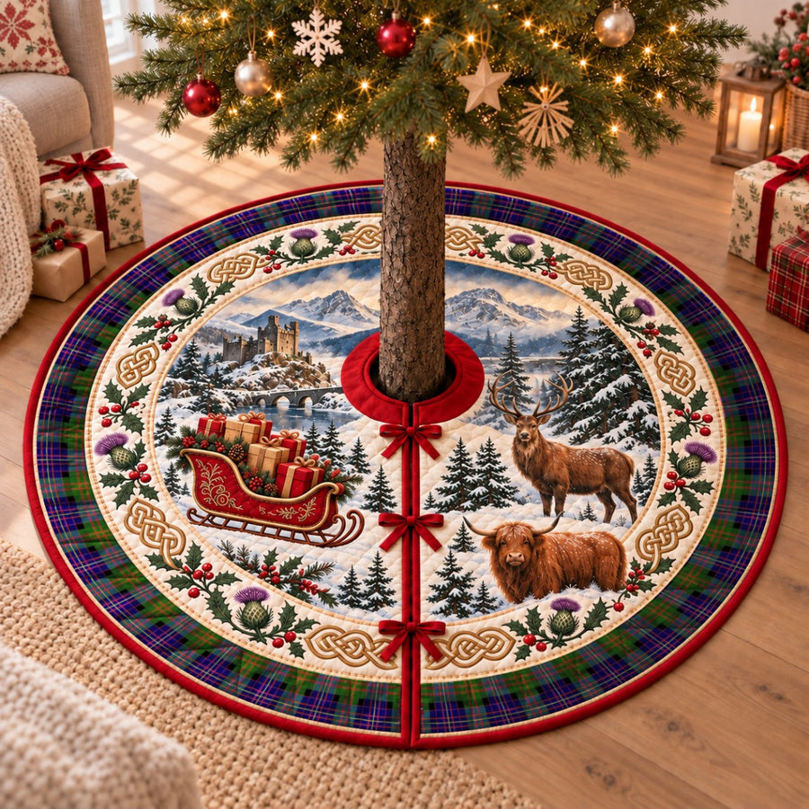 Chalmer tartan Christmas tree skirt with a Scottish Highland scene, stag, Highland cow and thistles under a Christmas tree