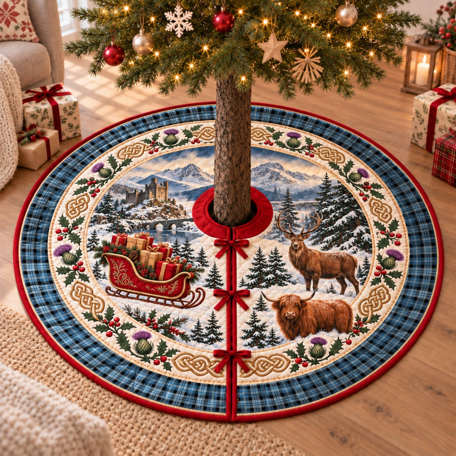 Clark Ancient tartan Christmas tree skirt with a Scottish Highland scene, stag, Highland cow and thistles under a Christmas tree