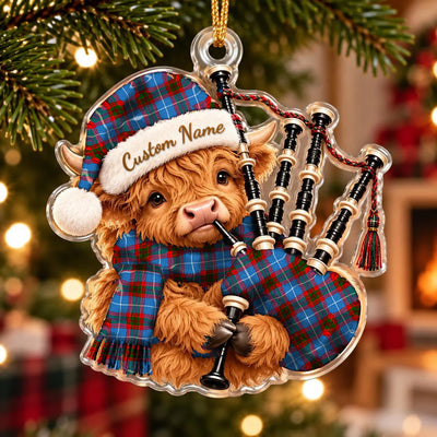 Clan Crichton District Tartan Piper Highland Cow Ornament with Custom Name