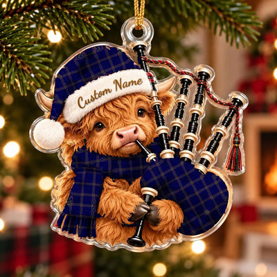 Clan Crichton Tartan Piper Highland Cow Ornament with Custom Name
