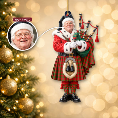 Clan Dewar Tartan Christmas Piper Ornament with Custom Photo
