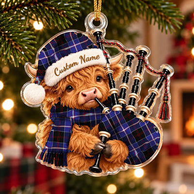 Clan Dunlop Modern Tartan Piper Highland Cow Ornament with Custom Name