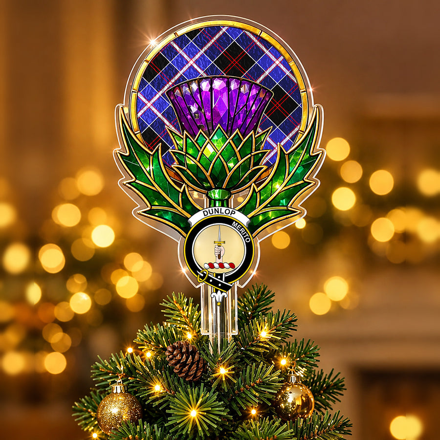 Clan Dunlop crest in the centre of a stained-glass style thistle Christmas tree topper with the Dunlop Modern tartan behind the thistle