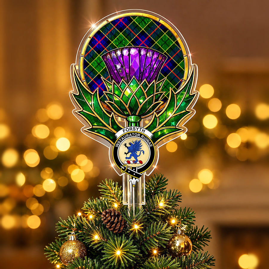 Clan Forsyth crest in the centre of a stained-glass style thistle Christmas tree topper with the Forsyth Modern tartan behind the thistle