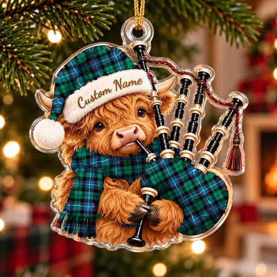 Clan Galbraith Ancient Tartan Piper Highland Cow Ornament with Custom Name