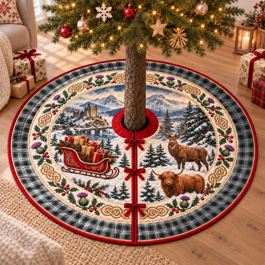 Glen tartan Christmas tree skirt with a Scottish Highland scene, stag, Highland cow and thistles under a Christmas tree