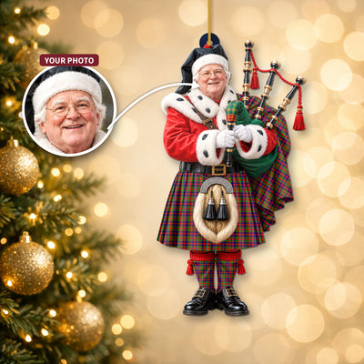 Clan Gow (or McGouan) Tartan Christmas Piper Ornament with Custom Photo