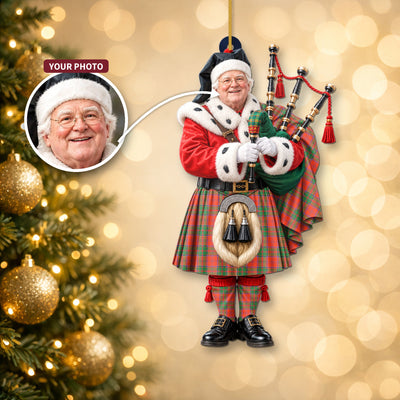 Clan Grant Ancient Tartan Christmas Piper Ornament with Custom Photo