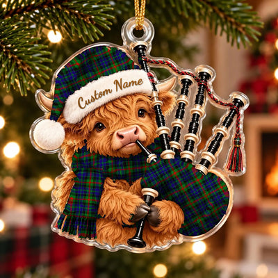 Clan Gunn Tartan Piper Highland Cow Ornament with Custom Name