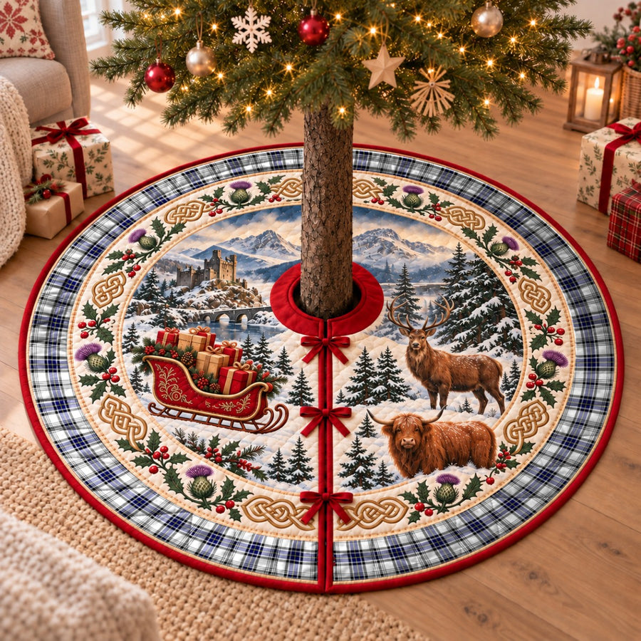Hannay tartan Christmas tree skirt with a Scottish Highland scene, stag, Highland cow and thistles under a Christmas tree