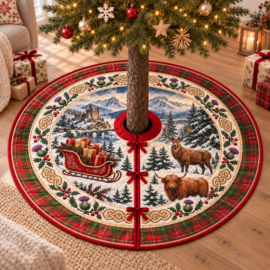 Hay Modern tartan Christmas tree skirt with a Scottish Highland scene, stag, Highland cow and thistles under a Christmas tree
