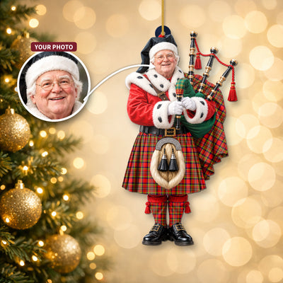 Clan Hepburn Tartan Christmas Piper Ornament with Custom Photo