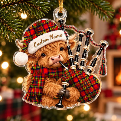 Clan Hepburn Tartan Piper Highland Cow Ornament with Custom Name