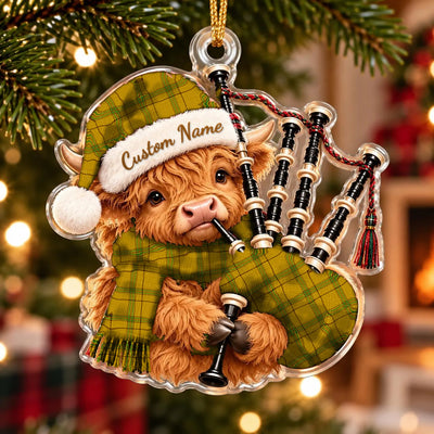 Clan Houston Tartan Piper Highland Cow Ornament with Custom Name