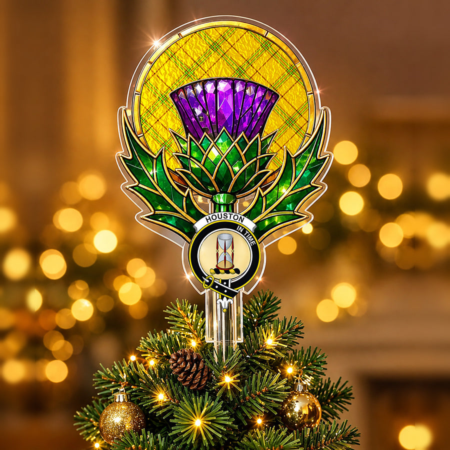 Clan Houston crest in the centre of a stained-glass style thistle Christmas tree topper with the Houston tartan behind the thistle