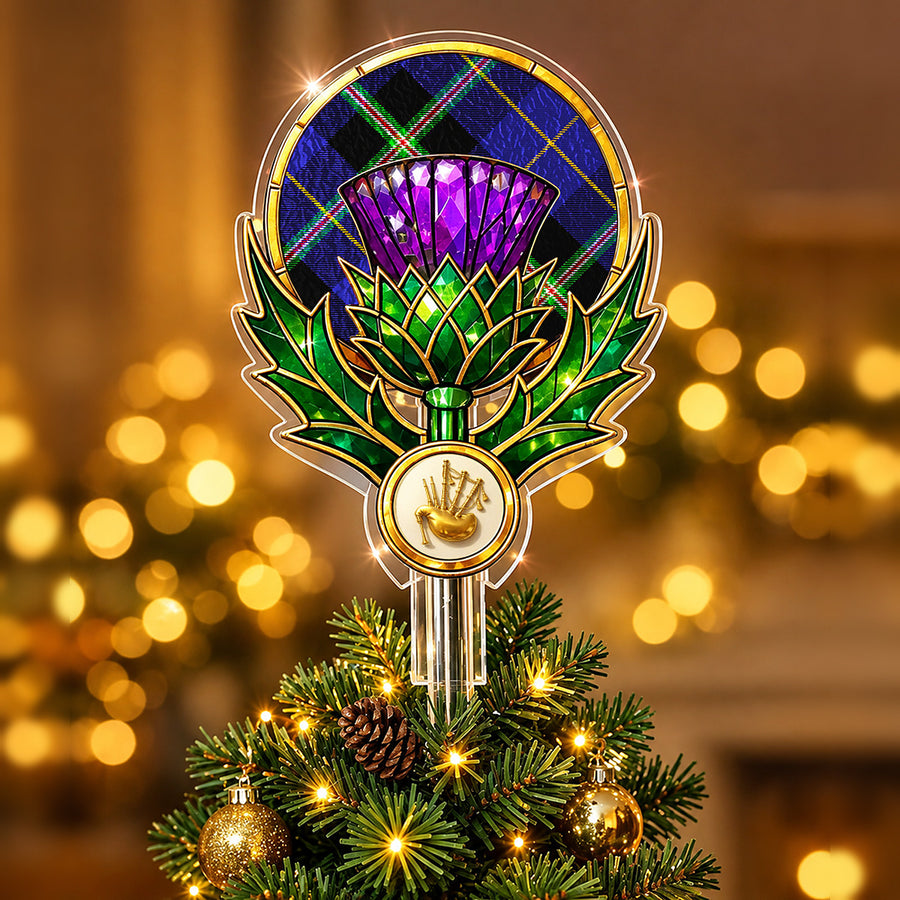 Stained-glass style thistle Christmas tree topper with a gold bagpipe emblem and the Italian National tartan behind the thistle