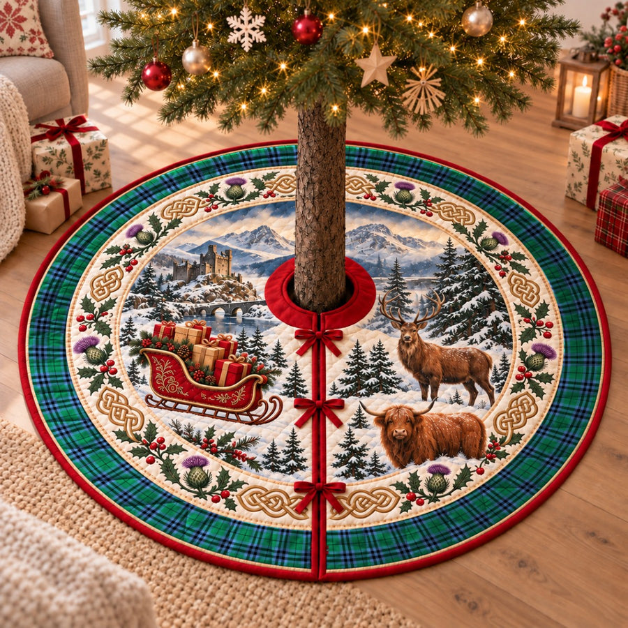 Keith Ancient tartan Christmas tree skirt with a Scottish Highland scene, stag, Highland cow and thistles under a Christmas tree