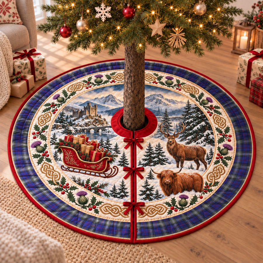 Kinnaird tartan Christmas tree skirt with a Scottish Highland scene, stag, Highland cow and thistles under a Christmas tree