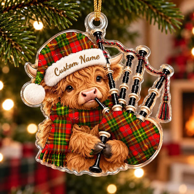Clan Leask Tartan Piper Highland Cow Ornament with Custom Name