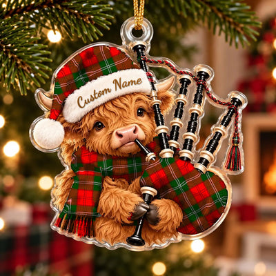 Clan Lennox Modern Tartan Piper Highland Cow Ornament with Custom Name