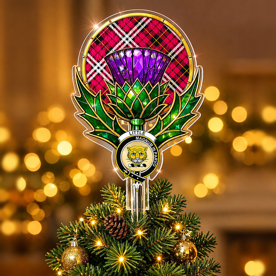 Clan Little crest in the centre of a stained-glass style thistle Christmas tree topper with the Little tartan behind the thistle
