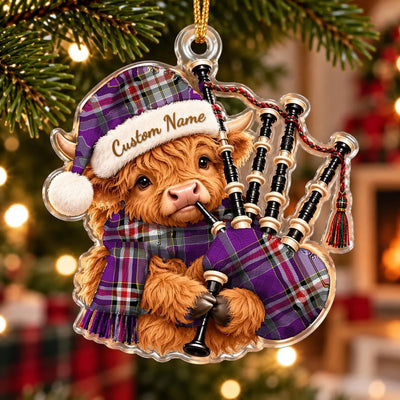 Clan Lockwood Tartan Piper Highland Cow Ornament with Custom Name