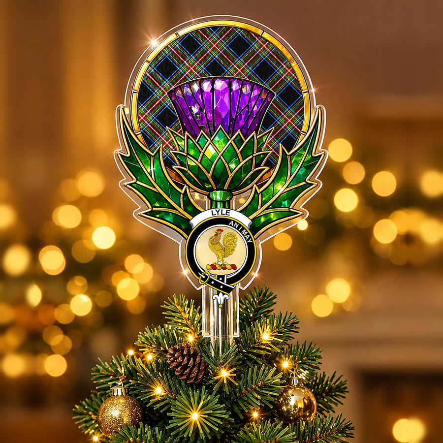Clan Lyle crest in the centre of a stained-glass style thistle Christmas tree topper with the Lyle tartan behind the thistle