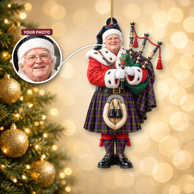 Clan MacDonnell of Glengarry Modern Tartan Christmas Piper Ornament with Custom Photo